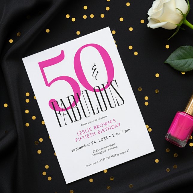 Convite Modern Minimal Fifty Fabulous Bright Pink Birthday (Criador carregado)