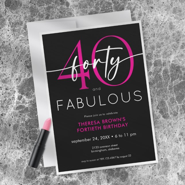 Convite Modern Minimal Pink Forty Fabulous Script Birthday (Modern Minimal Pink Forty Fabulous Script Birthday Invitation)