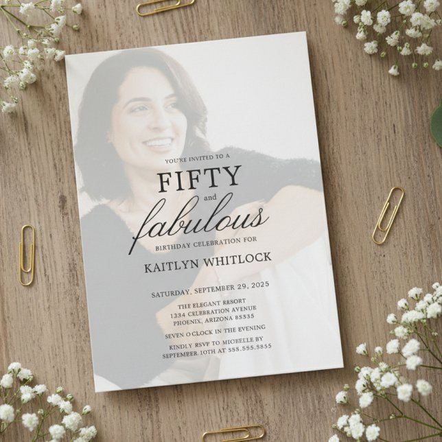 Convite Modern Minimal Script 50th Birthday Party (modern elegant fifty and fabulous 50th birthday party invitation with full photo for nifty 50 party)