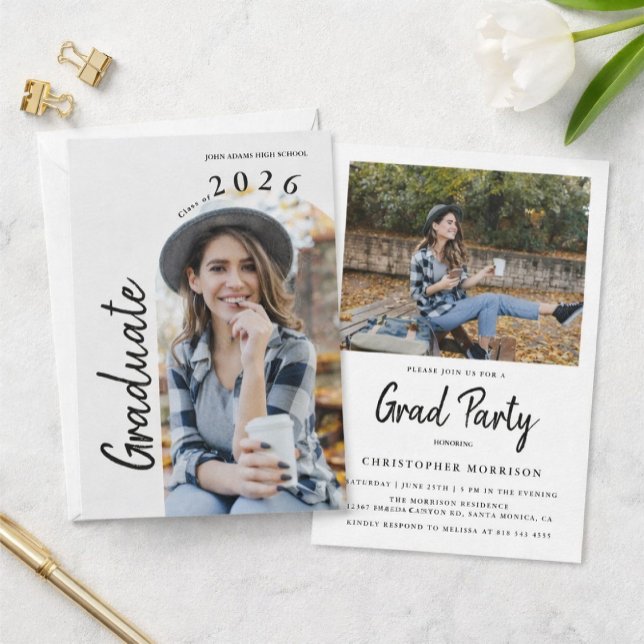 Convite Modern Minimal Two Photo Graduation Party (Criador carregado)