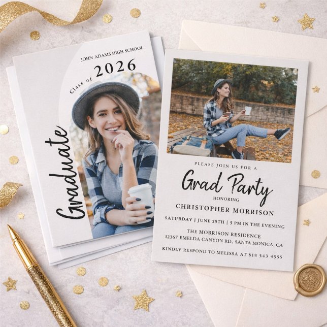 Convite Modern Minimal Two Photo Graduation Party (Criador carregado)