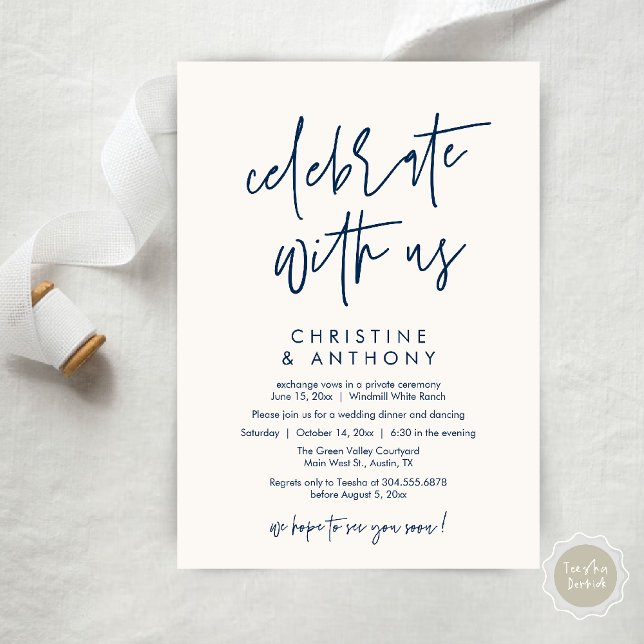 Convite Modern Minimal Wedding Reception Dinner (Modern Minimal Wedding Reception Dinner Lunch Brunch Invitation Card in Navy Blue and ivory)