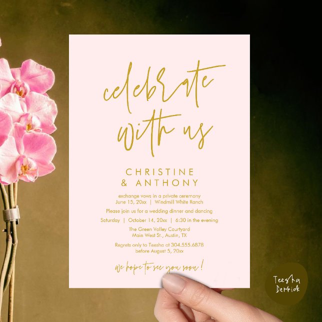 Convite Modern Minimal Wedding Reception Dinner (Modern Minimal Wedding Reception Dinner Lunch Brunch Invitation Card in yellow gold and Blush)