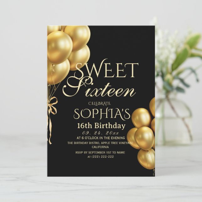 Convite Modern & Minimalism Black Gold Sweet 16 Birthday (Em pé/Frente)