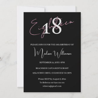 Convite Modern Minimalist 18 Black Pink Birthday 