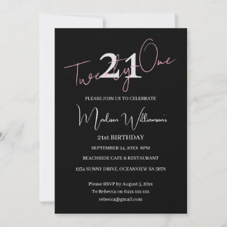 Convite Modern Minimalist 21st Black Pink Birthday 