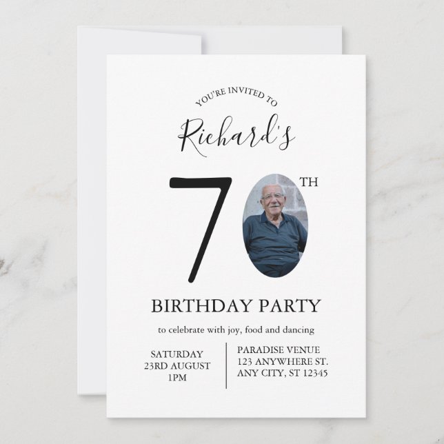Convite Modern Minimalist 70th Birthday Photo (Frente)
