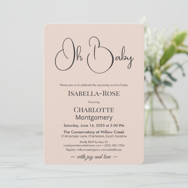 Convite Modern Minimalist Baby Shower | Powder Blush (Em pé/Frente)