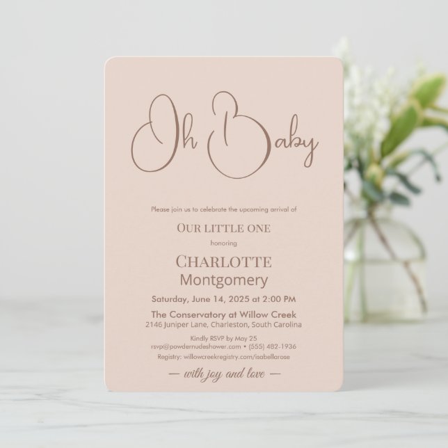 Convite Modern Minimalist Baby Shower | Powder Blush (Em pé/Frente)