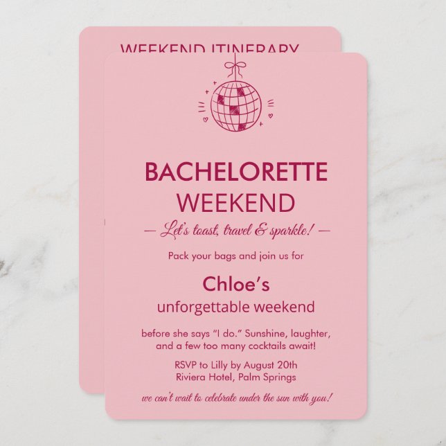 Convite Modern Minimalist Bachelorette Weekend | Pink  (Frente/Verso)