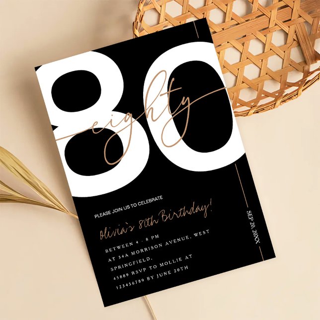 Convite Modern Minimalist Black & Gold 80th Birthday Party (Criador carregado)