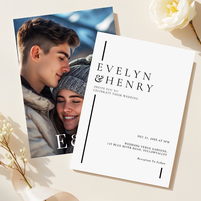 Convite Modern Minimalist Black Line Photo Wedding (Criador carregado)
