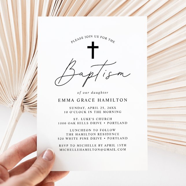 Convite Modern Minimalist Black Script Baptism (Criador carregado)