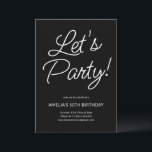 Convite Modern Minimalist Black Script Birthday Party Chic<br><div class="desc">This birthday party invitation features playful script lettering on a black background for a bold yet elegant look. The flowing typography feels celebratory while staying clean and modern. A versatile design that works beautifully for milestone birthdays,  cocktail parties,  or festive gatherings.</div>