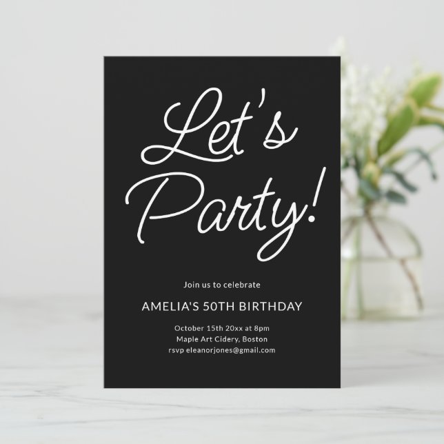 Convite Modern Minimalist Black Script Birthday Party Chic (Em pé/Frente)