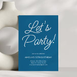 Convite Modern Minimalist Blue Birthday Party Chic<br><div class="desc">This birthday party invitation features playful script lettering on a blue background for a bold yet elegant look. The flowing typography feels celebratory while staying clean and modern. A versatile design that works beautifully for milestone birthdays,  cocktail parties,  or festive gatherings.</div>