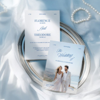 Convite Modern Minimalist Blue & White Photo Wedding