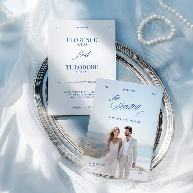 Convite Modern Minimalist Blue & White Photo Wedding (Modern Minimalist Blue & White Photo Wedding Invitation)