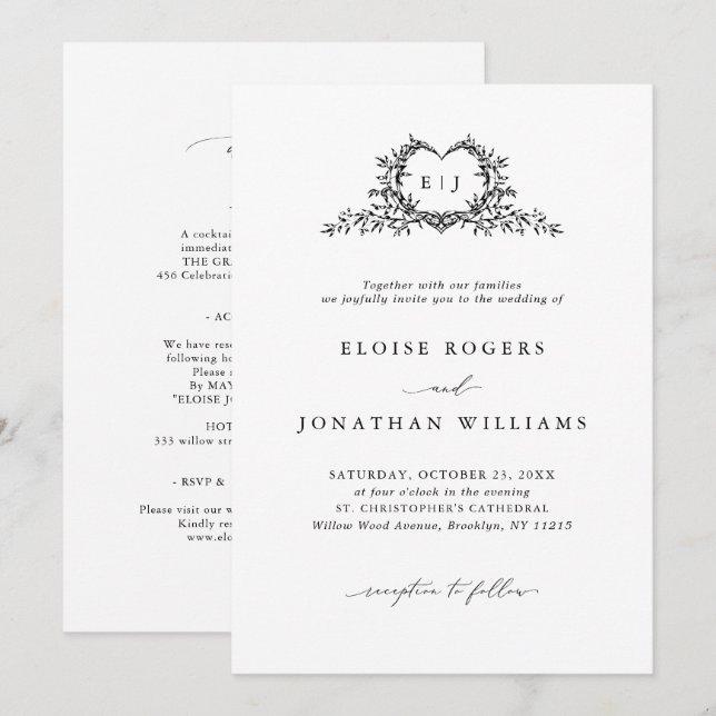 Convite Modern Minimalist Chic Calligraphy Crest Wedding (Frente/Verso)