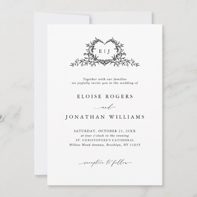 Convite Modern Minimalist Chic Calligraphy Crest Wedding   (Frente)