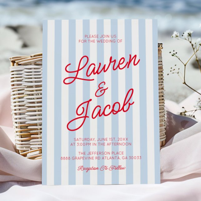 Convite Modern Minimalist Coastal Red Blue Stripes Wedding (Criador carregado)