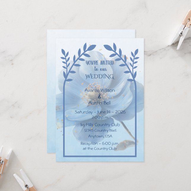Convite Modern Minimalist Gold and Blue Poppy Wedding   (Frente/Verso In Situ)