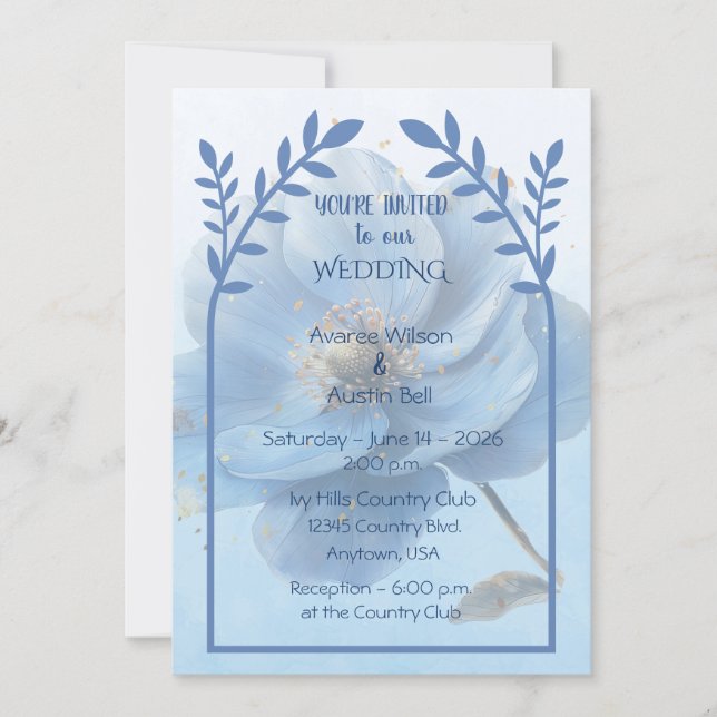 Convite Modern Minimalist Gold and Blue Wedding   (Frente)
