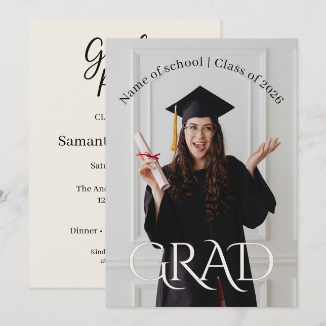 Convite Modern Minimalist Grad | Elegant Photo Grad Party (Frente/Verso)