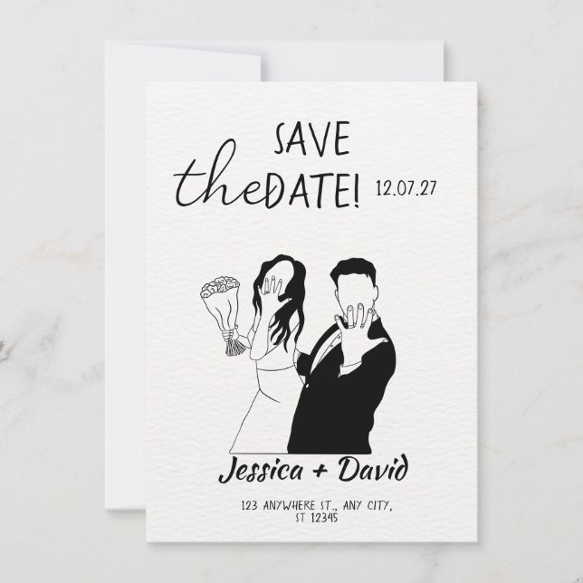 Convite Modern Minimalist Line Art Bride and Groom Wedding (Frente)