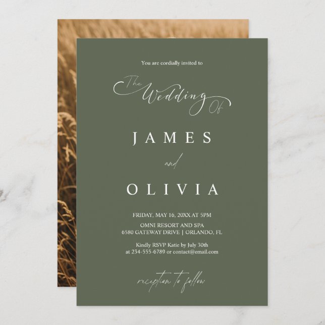 Convite Modern Minimalist Olive Green Photo Wedding Invita (Frente/Verso)