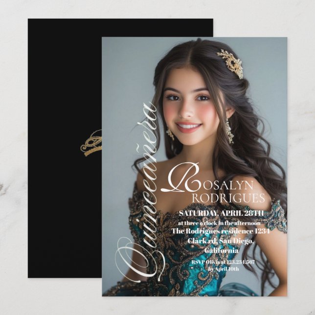Convite Modern & Minimalist Photo Quinceanera Gold White  (Frente/Verso)