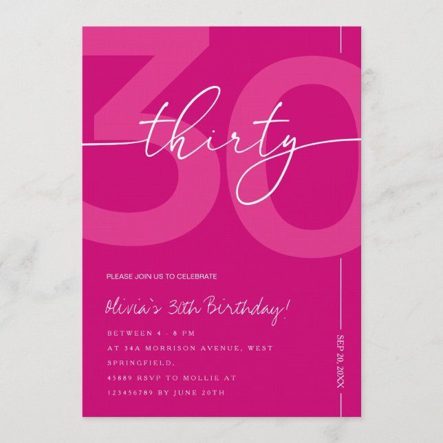 Convite Modern Minimalist Pink 30th Birthday Party (Frente)