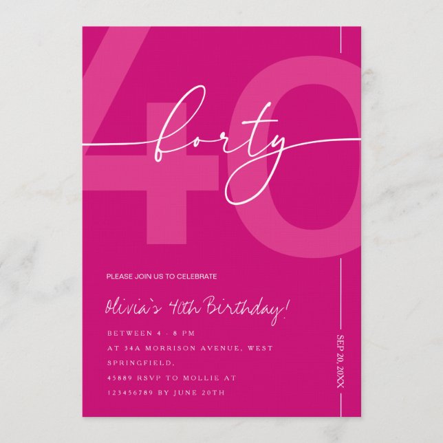 Convite Modern Minimalist Pink 40th Birthday Party (Frente)