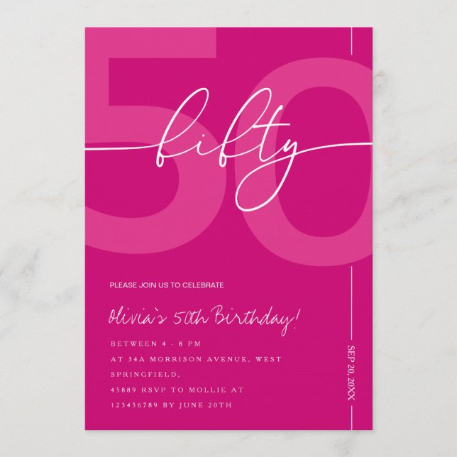 Convite Modern Minimalist Pink 50th Birthday Party (Frente)