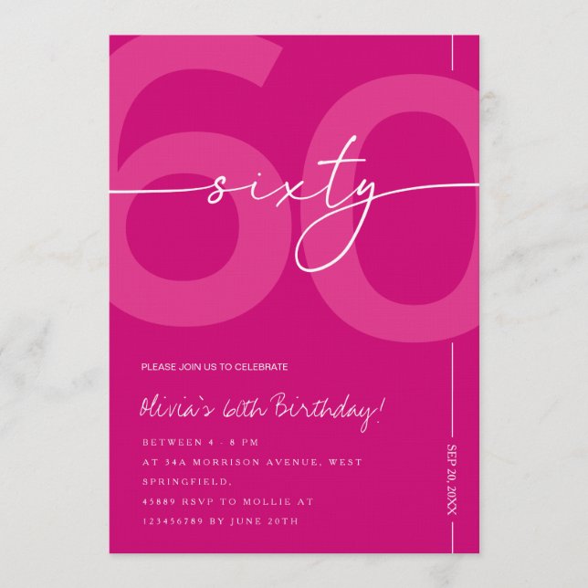 Convite Modern Minimalist Pink 60th Birthday Party (Frente)