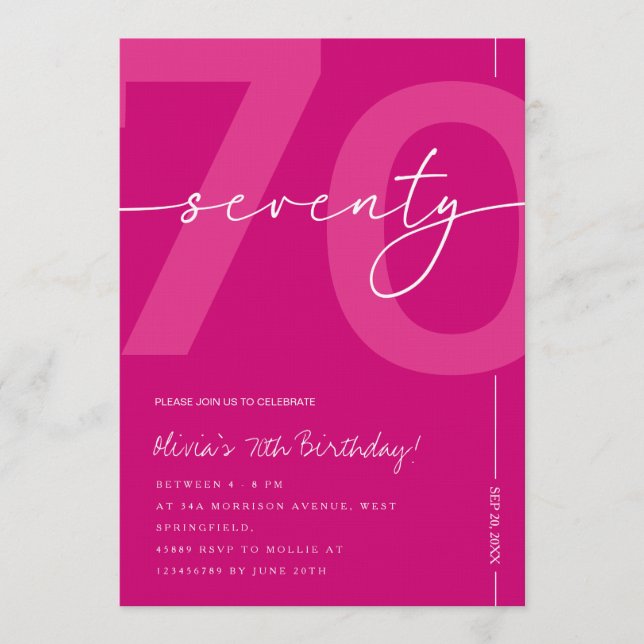 Convite Modern Minimalist Pink 70th Birthday Party (Frente)