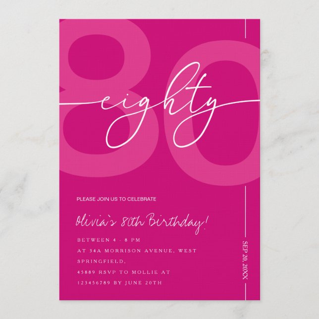 Convite Modern Minimalist Pink 80th Birthday Party (Frente)