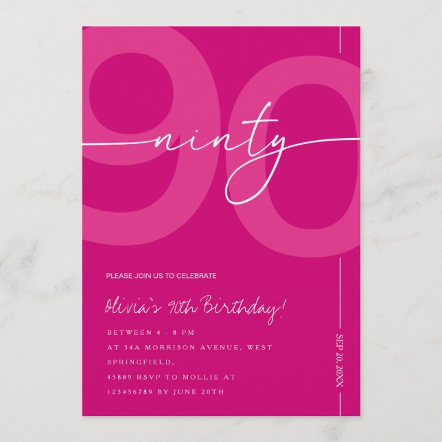 Convite Modern Minimalist Pink 90th Birthday Party (Frente)