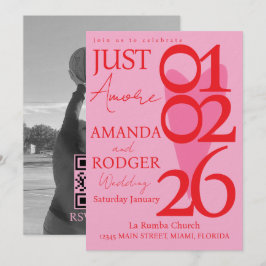 Convite Modern Minimalist Red Pink Heart Photo Wedding