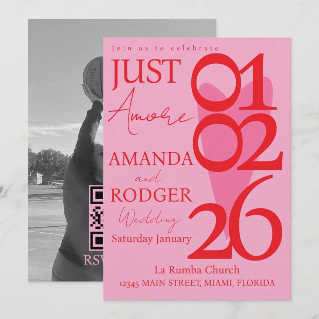 Convite Modern Minimalist Red Pink Heart Photo Wedding (Frente/Verso)