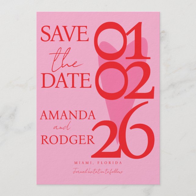 Convite Modern Minimalist Red Pink Heart Save the Date  (Frente)