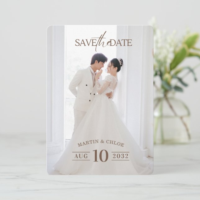 Convite Modern Minimalist Romantic Script Photo Wedding  (Em pé/Frente)