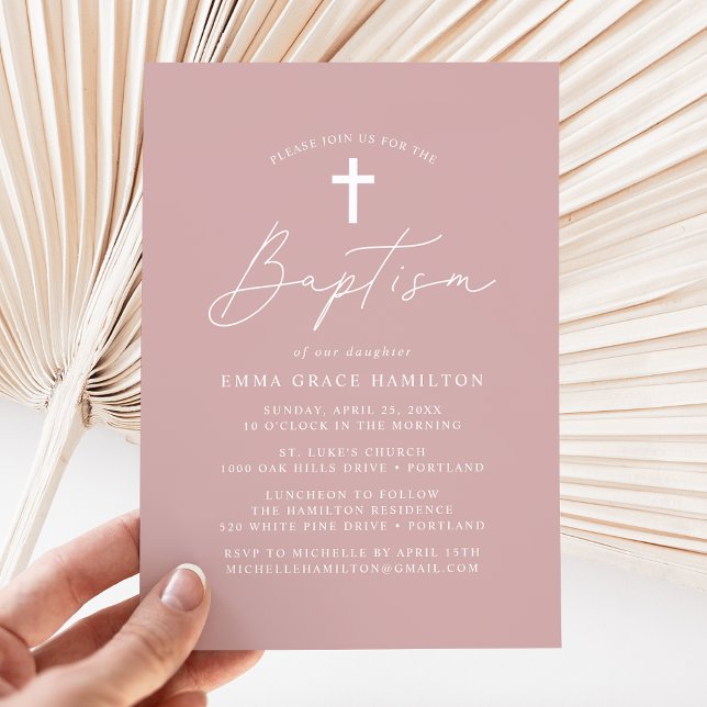 Convite Modern Minimalist Script Dusty Rose Baptism (Criador carregado)