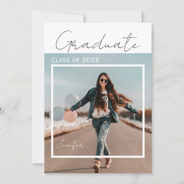 Convite Modern Minimalist Script Photo Graduation Party (Frente)