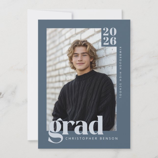 Convite Modern Minimalist Slate Blue Grey Photo Graduation (Frente)