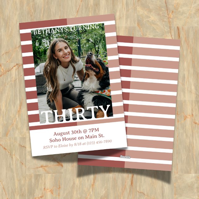 Convite Modern Minimalist Striped Thirtieth Birthday Photo (Celebrate the beginning of a new decade with this Modern Minimalist Striped 30th Birthday Invite!)