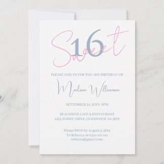 Convite Modern Minimalist Sweet 16 Blue White Birthday