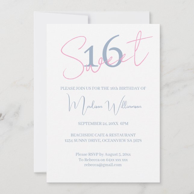 Convite Modern Minimalist Sweet 16 Blue White Birthday (Frente)