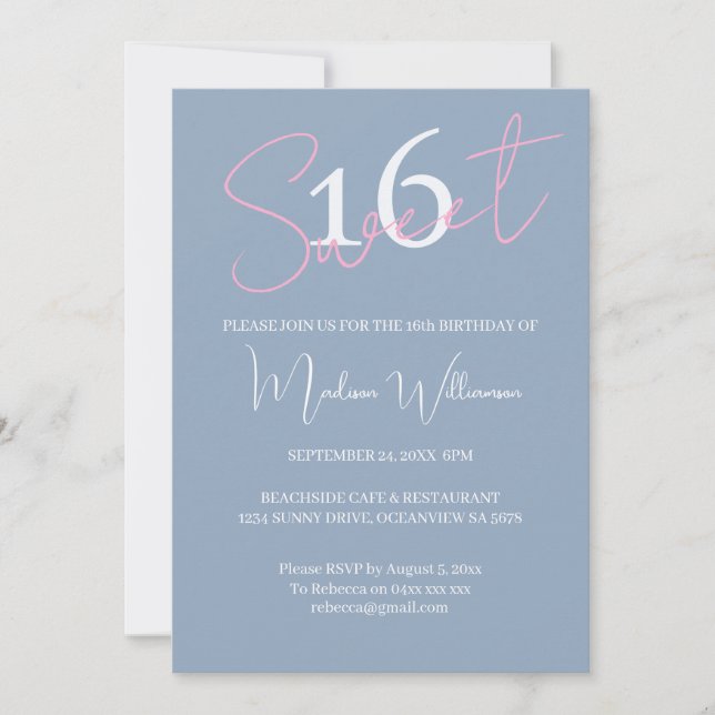 Convite Modern Minimalist Sweet 16 Pink Blue Birthday (Frente)