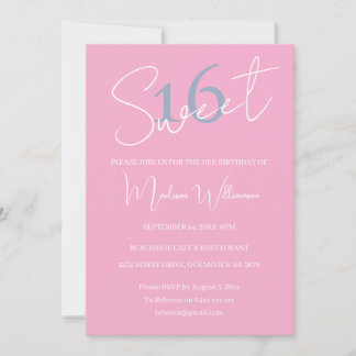 Convite Modern Minimalist Sweet 16 Pink Blue Birthday 